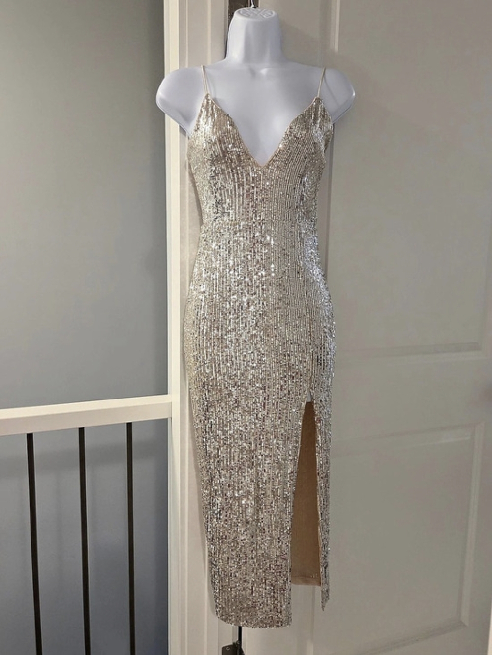 Fashion Nova Silver Sequin Maxi Dress With Cream/Champagne Base.